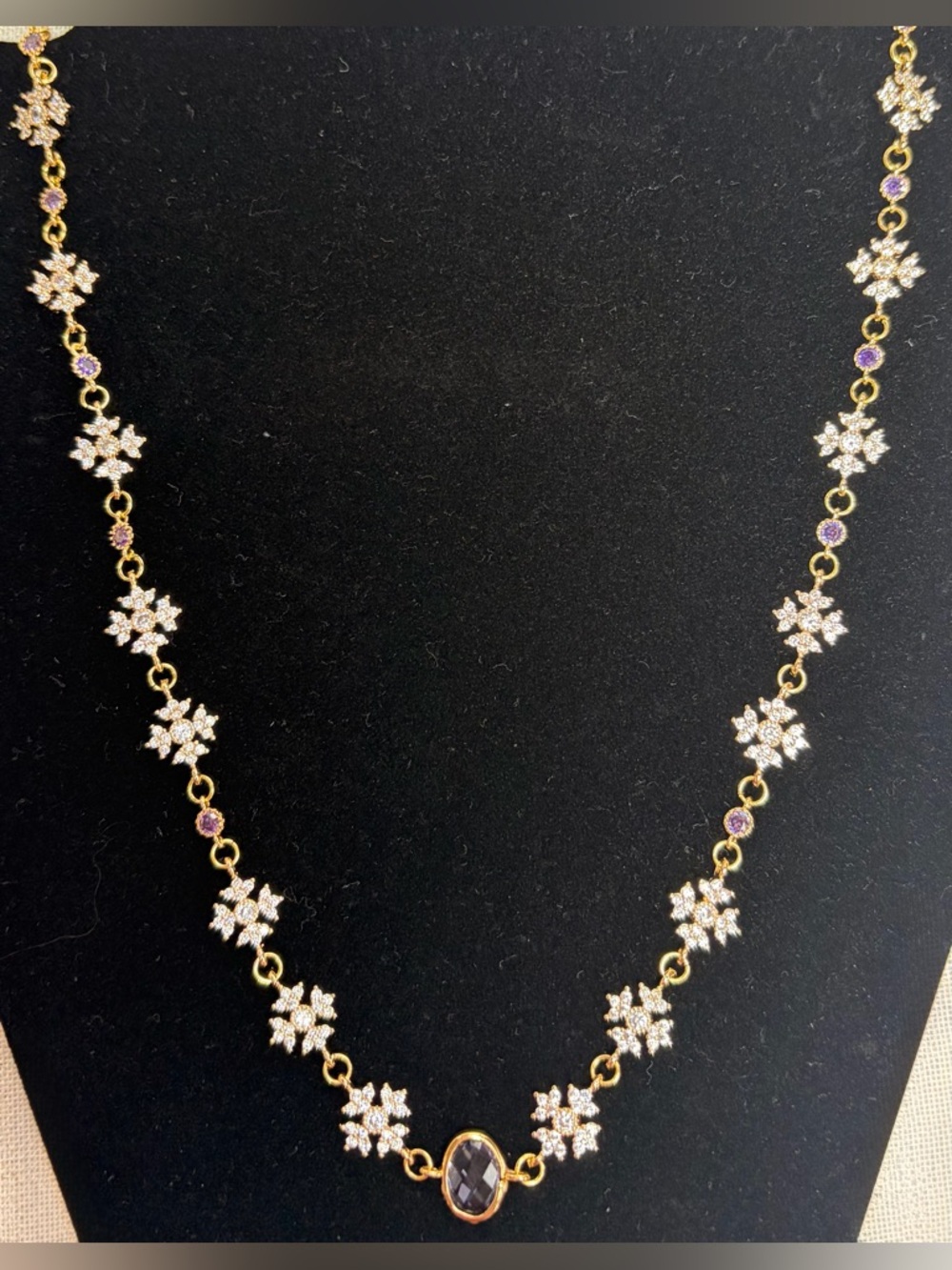 Bridal,formal Necklace-gold plated CZ flowers,purple accent stones & centerpiece
